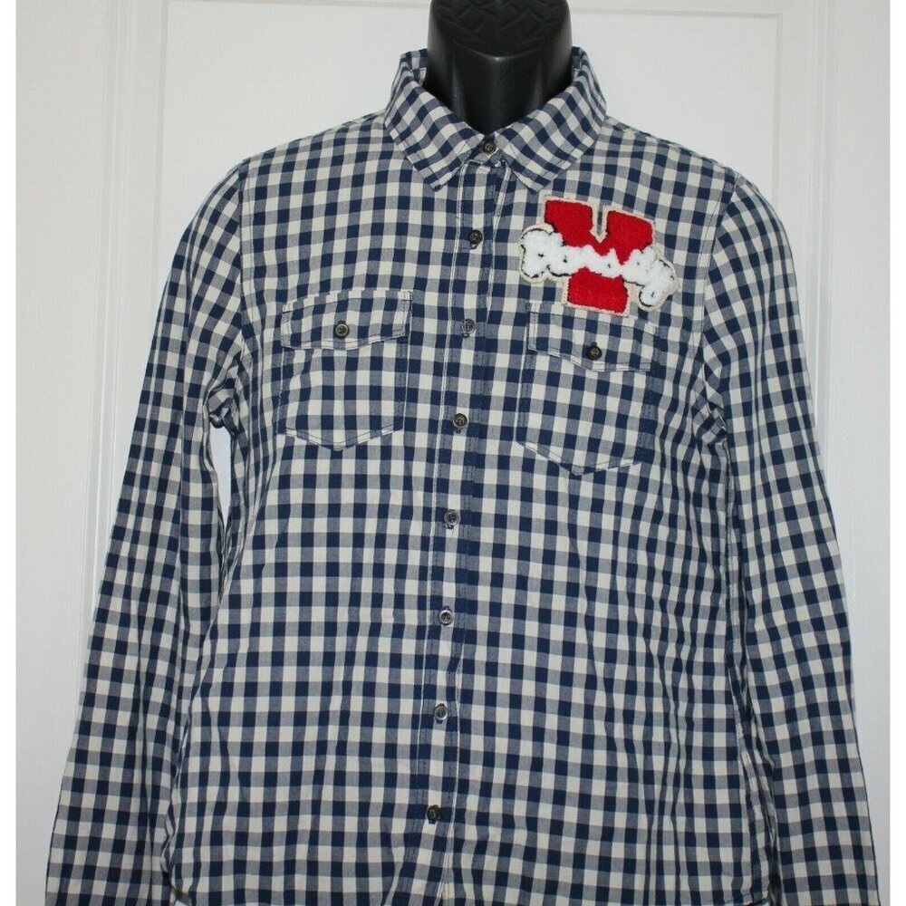 Iris Los Angeles Shirt Womens Size Large Blue Checkered Varsity Patch‎